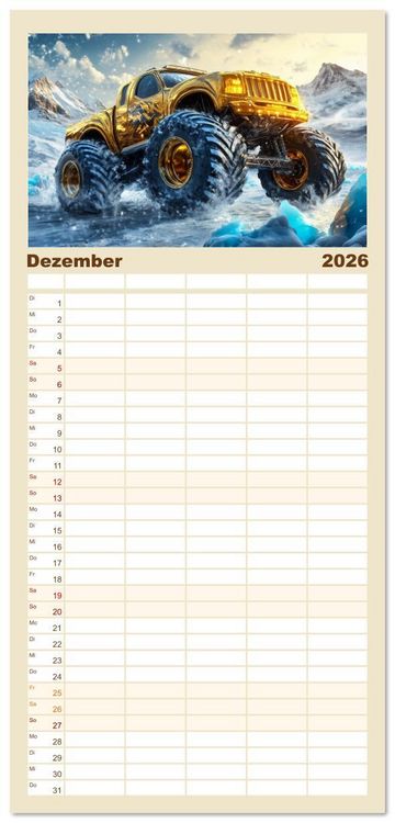 Produktbild: Familienplaner 2026 - Die Macht der Monstertrucks mit 5 Spalten (Wandkalender, 21 x 45 cm) CALVENDO