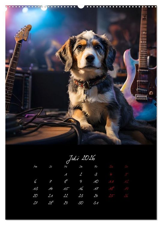 Produktbild: Gitarren und Hunde mit Herz (hochwertiger Premium Wandkalender 2026 DIN A2 hoch), Kunstdruck in Hochglanz