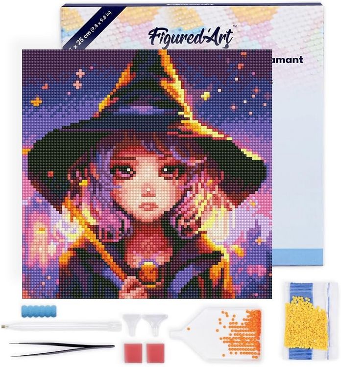 Produktbild: FiguredArt DP-SFA168-Y - Mini Diamond Painting, Bezaubernde Kleine Hexe, Leinwand-Keilrahmen (25x25cm), DIY Bastelset