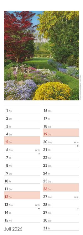 Produktbild: Gartenzauber 2026 - Streifenkalender 15x42 cm - mit viel Platz für Eintragungen - Gärten - Bildkalender - Wandplaner - Gartenkalender