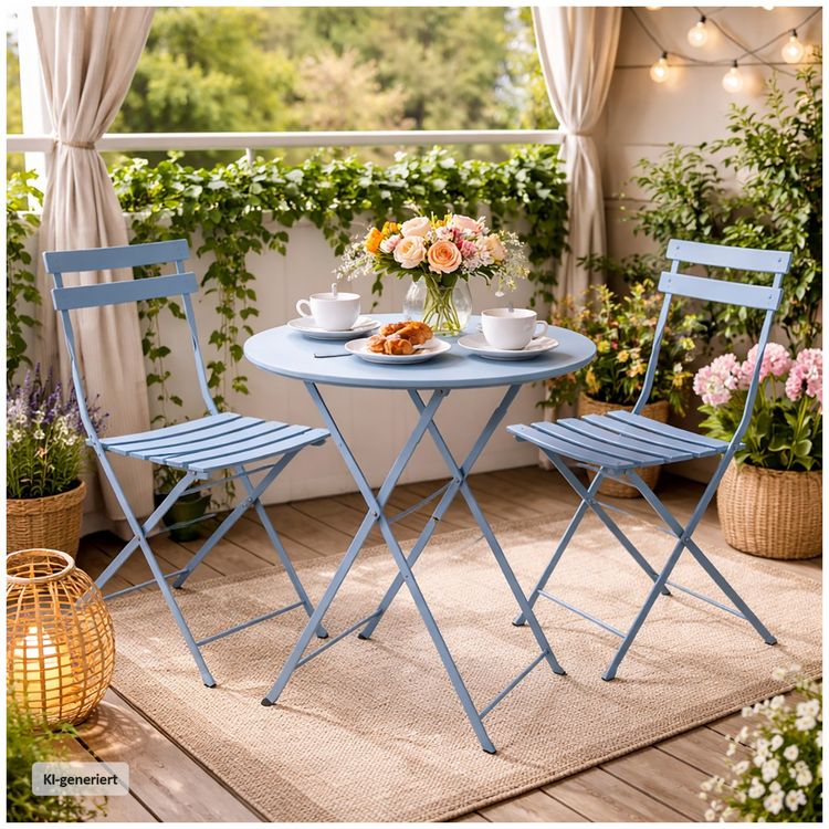 Produktbild: HTI-Living Bistro Sitzgruppe Metall Blau klappbar Tisch mit 2 St&uuml;hlen Balkon Set