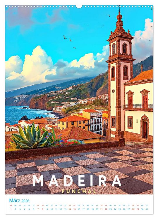 Produktbild: Madeira - Old School Poster Style (hochwertiger Premium Wandkalender 2026 DIN A2 hoch), Kunstdruck in Hochglanz