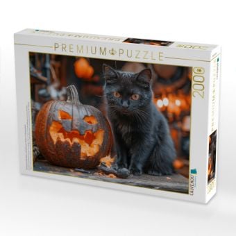 Produktbild: CALVENDO Puzzle Schwarze s&uuml;&szlig;e Katze und Halloween-K&uuml;rbis im Kerzenschein | 2000 Teile Lege-Gr&ouml;&szlig;e 90x67cm Foto-Puzzle f&uuml;r gl&uuml;ckliche Stunden