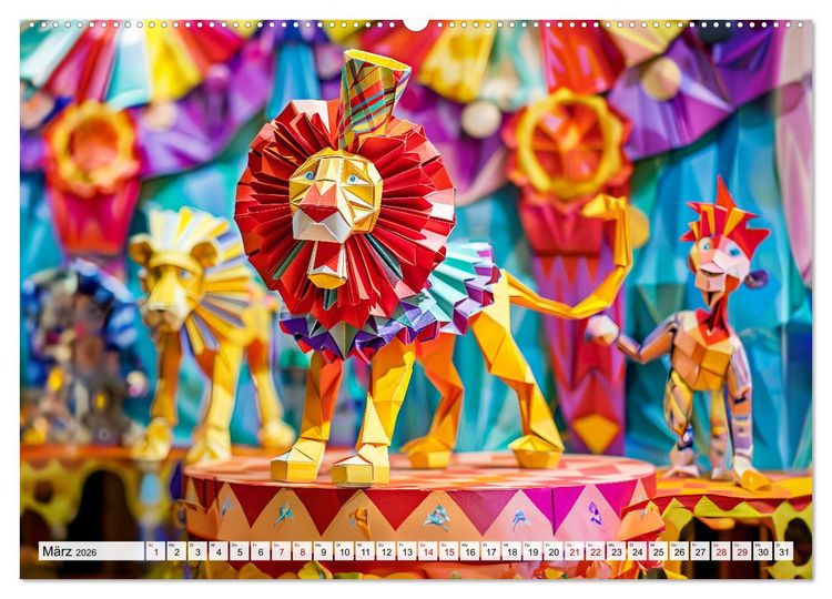 Produktbild: Bunter Origami Zirkus - Farbenfroher Zirkusspa&szlig; mit Origami-Figuren (hochwertiger Premium Wandkalender 2026 DIN A2 quer), Kunstdruck in Hochglanz