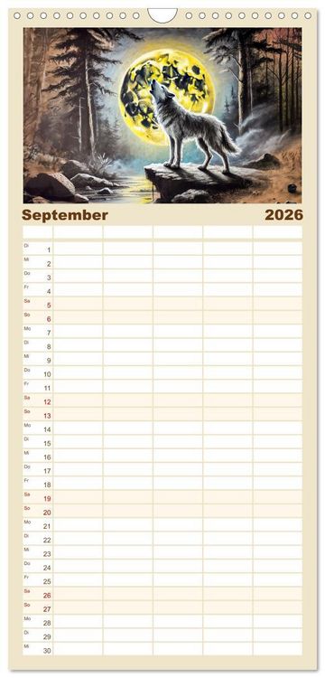 Produktbild: Familienplaner 2026 - Die Eleganz der W&ouml;lfe - Mythische Begegnungen in der Natur mit 5 Spalten (Wandkalender, 21 x 45 cm) CALVENDO