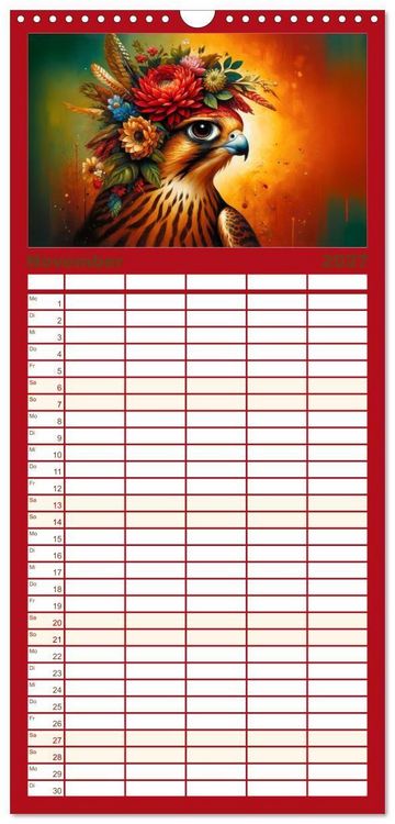 Produktbild: Familienplaner 2027 - Blumige Vogelportr&auml;ts mit 5 Spalten (Wandkalender, 21 x 45 cm) CALVENDO