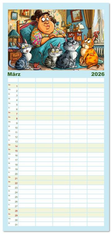 Produktbild: Familienplaner 2026 - Katzen und Frauen. Lustige Cartoons vom t&auml;glichen Chaos mit 5 Spalten (Wandkalender, 21 x 45 cm) CALVENDO
