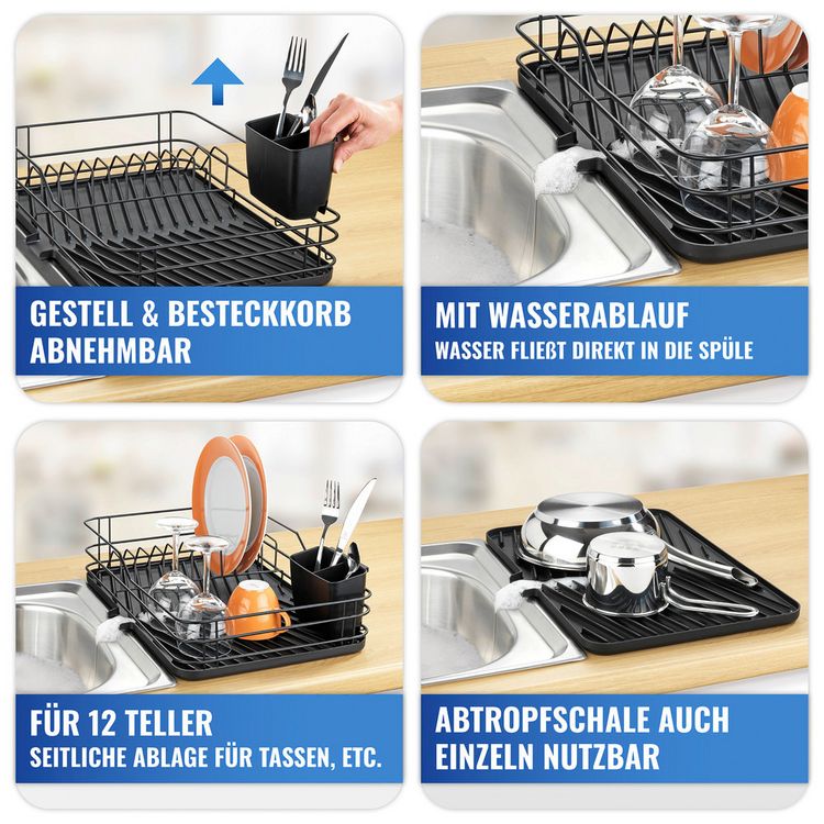 Abtropfgestell für Geschirr, 3-teilig, Schwarz, mit Abtropfschale, Besteckkorb und Tellergestell kaufen