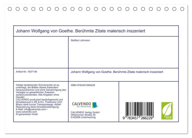 Produktbild: Johann Wolfgang von Goethe. Ber&uuml;hmte Zitate malerisch inszeniert (Tischkalender 2026 DIN A5 quer), CALVENDO Monatskalender
