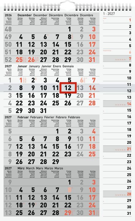 Produktbild: rido/id&eacute; 7033430007 4-Monatskalender 2027 grau, 300&times;490 mm
