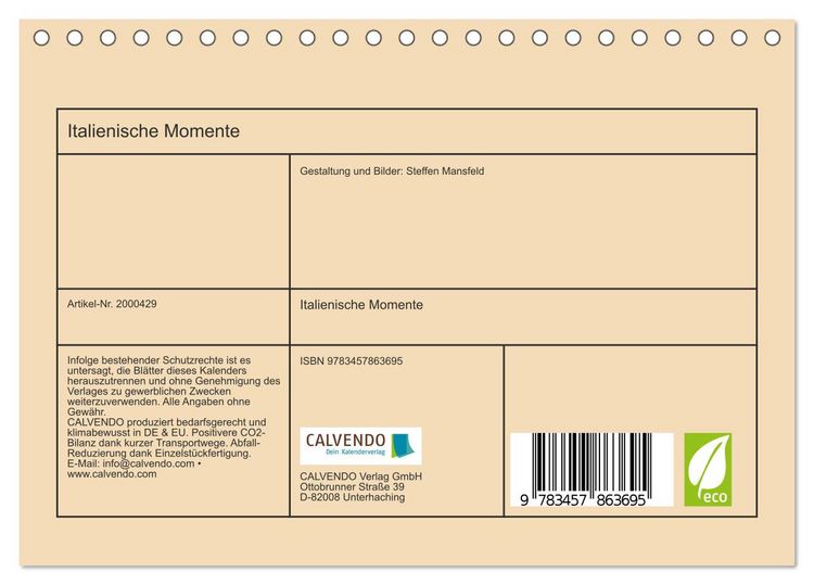 Produktbild: Italienische Momente (Tischkalender 2026 DIN A5 quer), CALVENDO Monatskalender