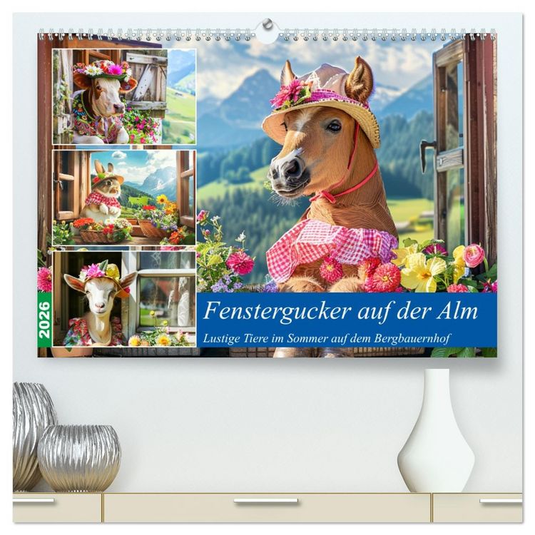 Produktbild: Fenstergucker auf der Alm. Lustige Tiere im Sommer auf dem Bergbauernhof (hochwertiger Premium Wandkalender 2026 DIN A2 quer), Kunstdruck in Hochglanz