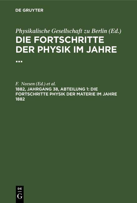 Produktbild: Die Fortschritte Physik der Materie im Jahre 1882