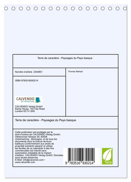 Produktbild: Terre de caract&egrave;re - Paysages du Pays basque (Calendrier de bureau 2027 DIN A5 horizontal), CALVENDO calendrier mensuel