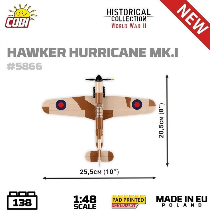 Produktbild: COBI Historical Collection 5866 - Hawker Hurricane MK.I, WWII, Ma&szlig;stab 1:48, Bausatz, 138 Klemmbausteine
