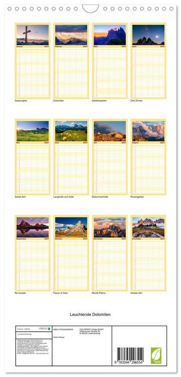 Produktbild: Familienplaner 2027 - Leuchtende Dolomiten mit 5 Spalten (Wandkalender, 21 x 45 cm) CALVENDO
