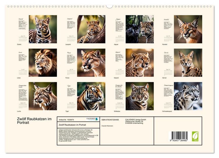 Produktbild: Zw&ouml;lf Raubkatzen im Portrait (hochwertiger Premium Wandkalender 2026 DIN A2 quer), Kunstdruck in Hochglanz