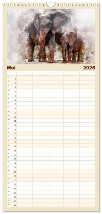 Produktbild: Familienplaner 2026 - Elefanten - k&uuml;nstlerische Impressionen der gr&ouml;&szlig;ten noch lebenden Landtiere mit 5 Spalten (Wandkalender, 21 x 45 cm) CALVENDO