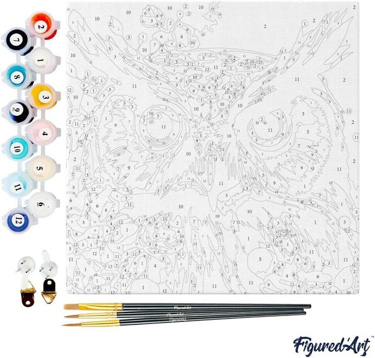 Produktbild: FiguredArt SFA112-Y - Mini Malen nach Zahlen, Fantasie Eule mit Blumen, Leinwand-Keilrahmen 20x20cm, DIY Bastelset, Paint by Numbers