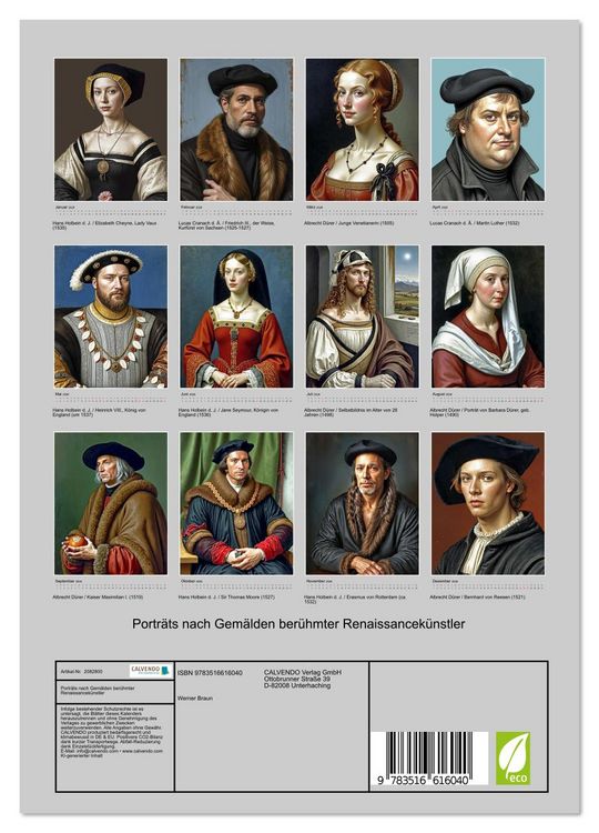 Produktbild: Portr&auml;ts nach Gem&auml;lden ber&uuml;hmter Renaissancek&uuml;nstler (Wandkalender 2026 DIN A4 hoch), CALVENDO Monatskalender