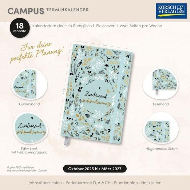 Produktbild: Terminkalender Campus Mint Flowers 18 Monate 2026/2027