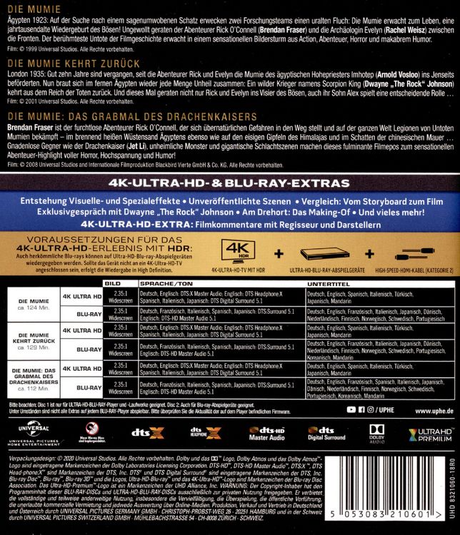 Produktbild: Die Mumie Trilogie - Die Mumie / Die Mumie kehrt zur&uuml;ck / Die Mumie: Das Grabmal des Drachenkaisers (3 4K Ultra HD) (+ 3 Blu-rays)