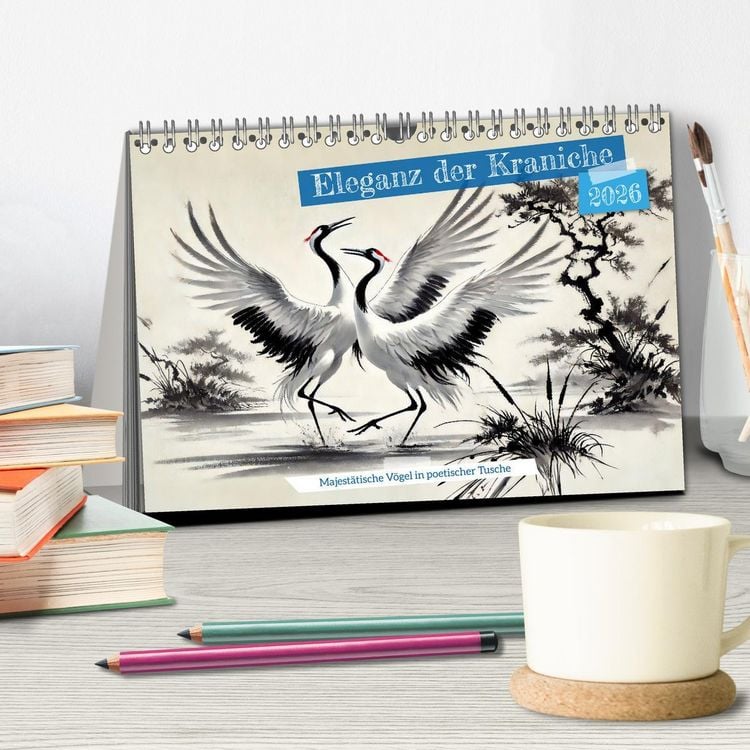 Produktbild: Eleganz der Kraniche - Majest&auml;tische V&ouml;gel in poetischer Tusche (Tischkalender 2026 DIN A5 quer), CALVENDO Monatskalender