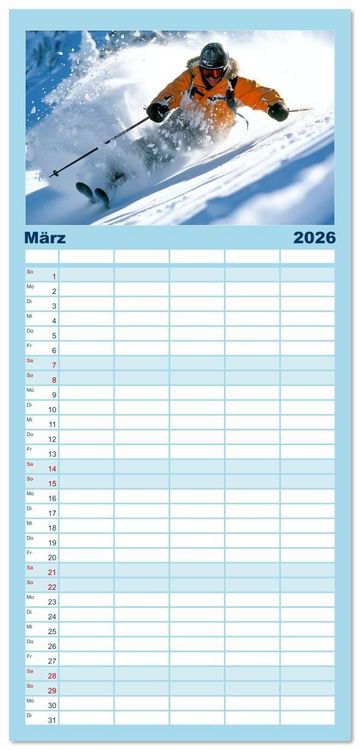 Produktbild: Familienplaner 2026 - Kufen, Ski & Snowboard mit 5 Spalten (Wandkalender, 21 x 45 cm) CALVENDO