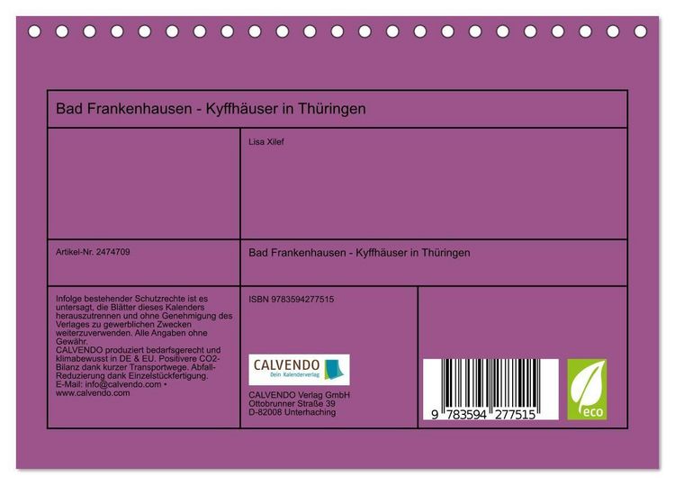 Produktbild: Bad Frankenhausen - Kyffh&auml;user in Th&uuml;ringen (Tischkalender 2027 DIN A5 quer), CALVENDO Monatskalender