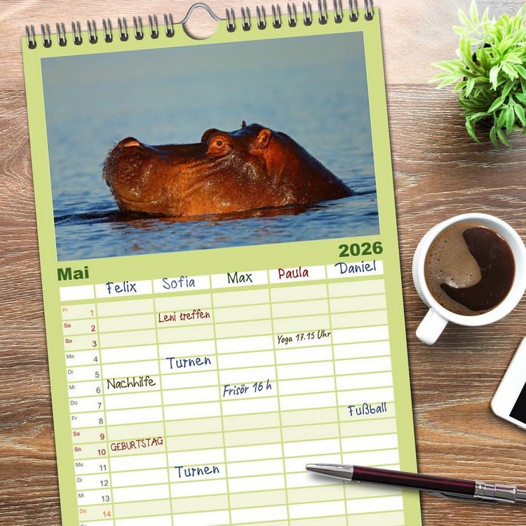 Produktbild: Familienplaner 2026 - Flusspferde Magie des Augenblicks - Hippos in Afrika mit 5 Spalten (Wandkalender, 21 x 45 cm) CALVENDO