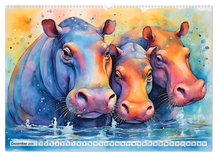 Produktbild: Hippos bekennen Farbe - kunterbunter Nilpferdspa&szlig; (Wandkalender 2026 DIN A2 quer), CALVENDO Monatskalender