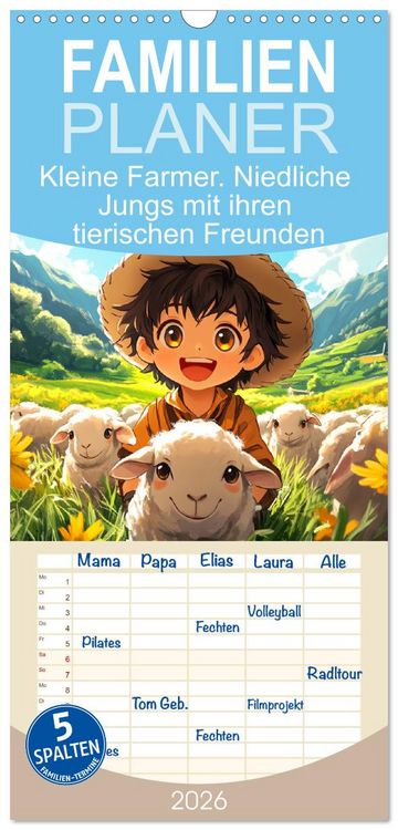 Produktbild: Familienplaner 2026 - Kleine Farmer. Niedliche Jungs mit ihren tierischen Freunden mit 5 Spalten (Wandkalender, 21 x 45 cm) CALVENDO