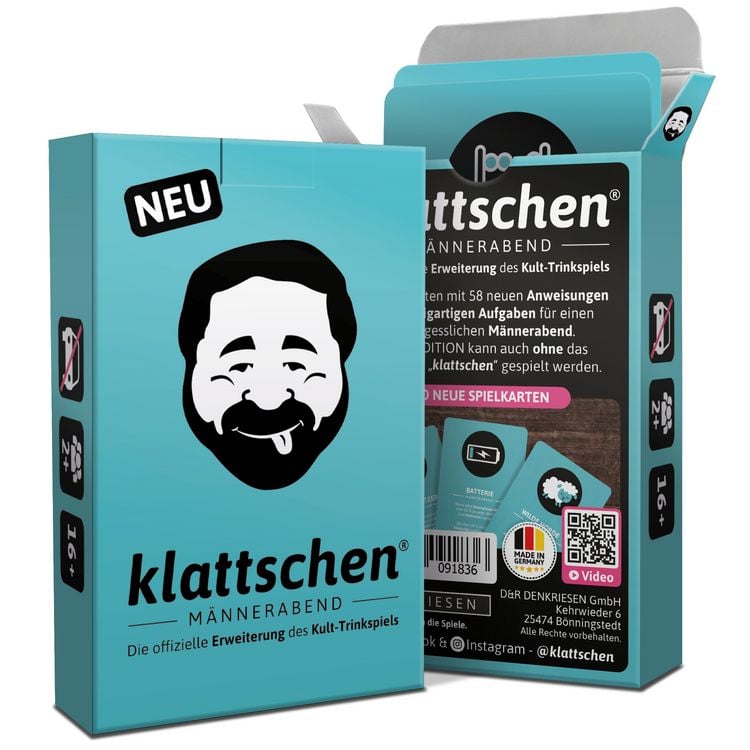 Produktbild: DENKRIESEN - klattschen&reg; - M&auml;nnerabend - SPIELKARTENKARTON "Das wahrscheinlich beste Trinkspiel aller Zeiten"