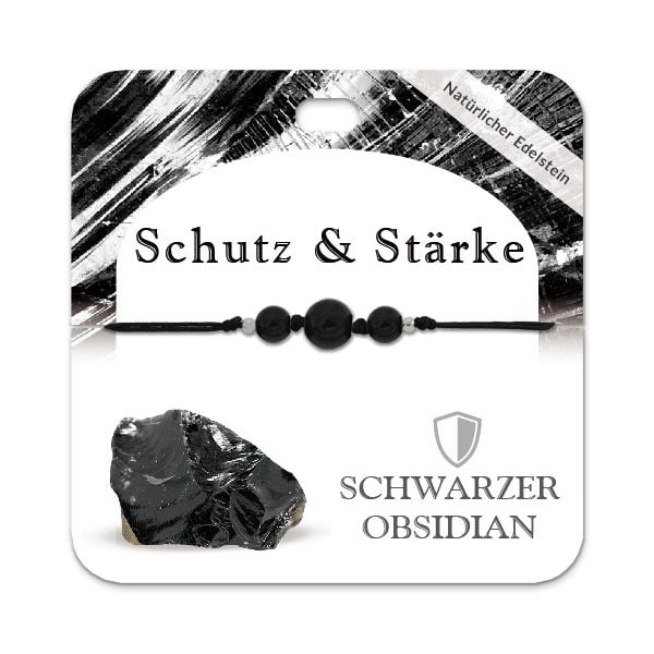 Produktbild: Schwarzer Obsidian Armband mit 3 Edelsteinperlen