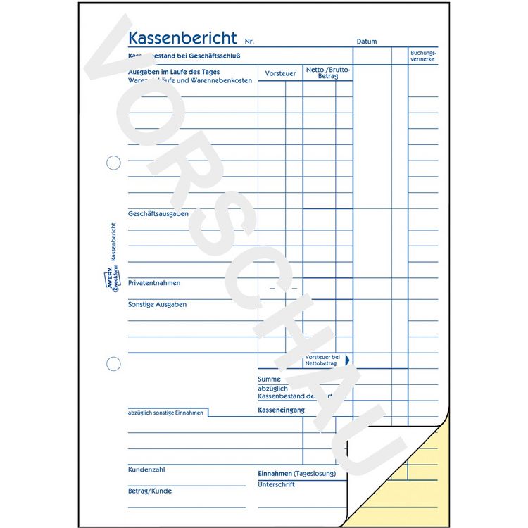 Produktbild: AVERY Zweckform Kassenbericht 50 Originale mit Blaupapier DIN A5 100 Blatt