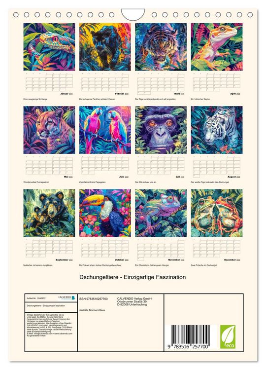 Produktbild: Dschungeltiere - Einzigartige Faszination (Wandkalender 2026 DIN A4 hoch), CALVENDO Monatskalender