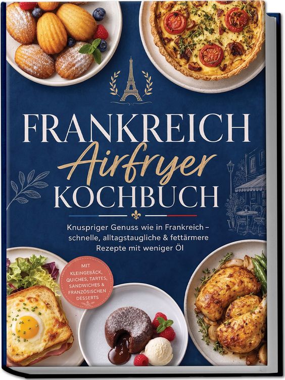 Produktbild: Frankreich Airfryer Kochbuch: Knuspriger Genuss wie in Frankreich &ndash; schnelle, alltagstaugliche & fett&auml;rmere Rezepte mit weniger &Ouml;l. Mit Kleingeb&auml;ck, Quiches, Tartes, Sandwiches &franz&ouml;sischen Desserts