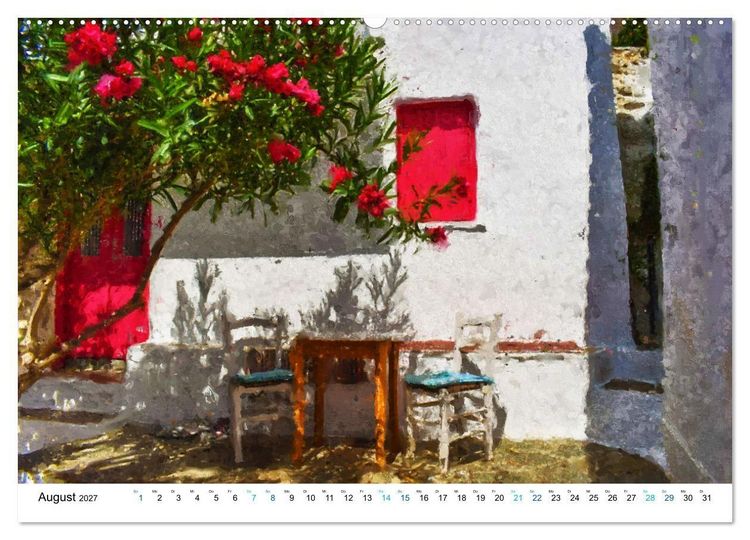 Produktbild: Urlaub auf Santorin - Gemalte Ansichten der Kykladeninsel (hochwertiger Premium Wandkalender 2027 DIN A2 quer), Kunstdruck in Hochglanz