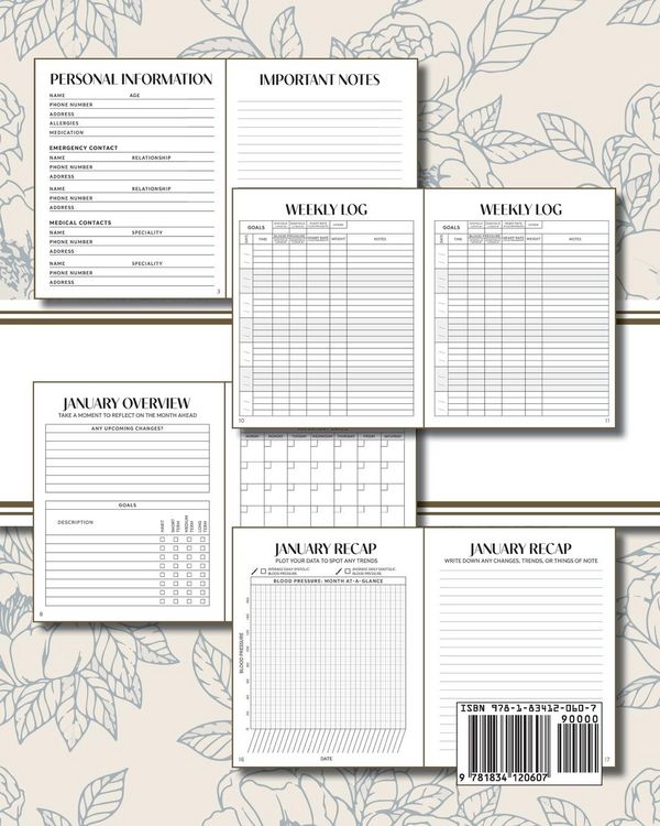 Produktbild: XL Large Print 1-Year Blood Pressure Tracker (Blue Roses on Cream)