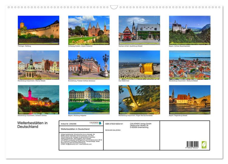 Produktbild: Welterbest&auml;tten in Deutschland (Wandkalender 2026 DIN A2 quer), CALVENDO Monatskalender