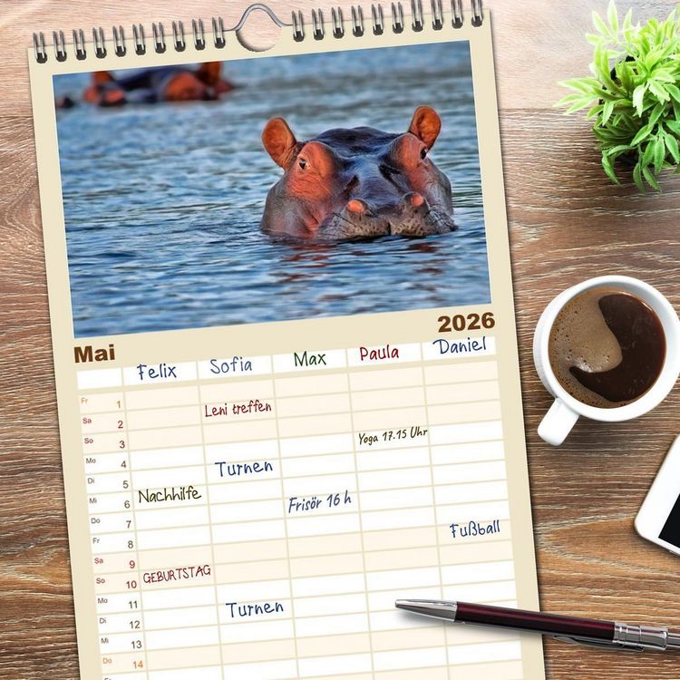 Produktbild: Familienplaner 2026 - Flusspferde - gem&uuml;tlich gef&auml;hrlich mit 5 Spalten (Wandkalender, 21 x 45 cm) CALVENDO
