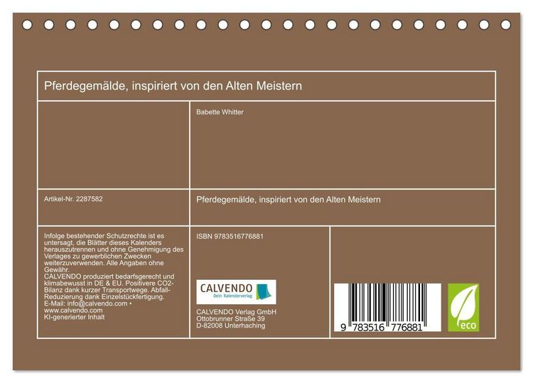 Produktbild: Pferdegem&auml;lde, inspiriert von den Alten Meistern (Tischkalender 2027 DIN A5 quer), CALVENDO Monatskalender