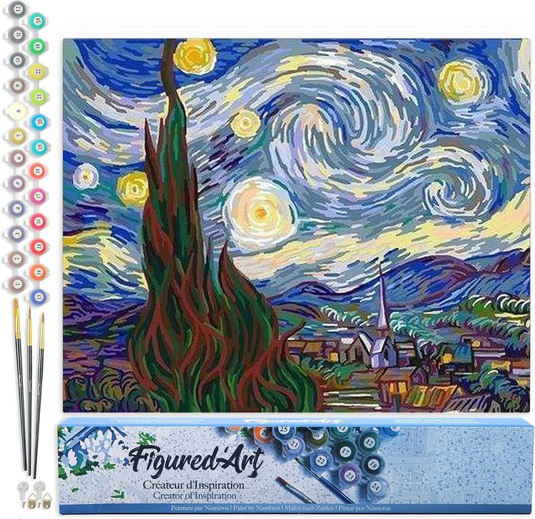 Produktbild: FiguredArt PN590 - Malen nach Zahlen, Sternennacht Van Gogh, 40x50cm, ohne Keilrahmen, Sternennacht Van Gogh, Leinwand 40x50cm ohne Rahmen, Malset, Paint by Numbers