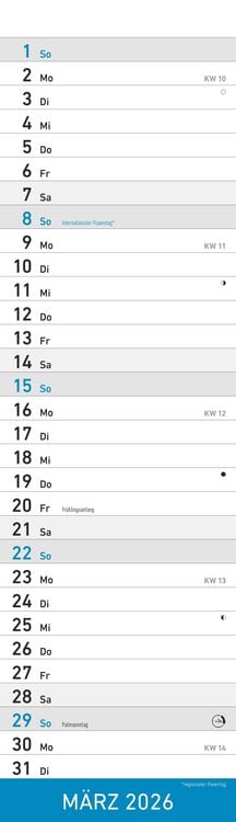 Produktbild: Streifenplaner Mini BLAU 2026 - Streifenkalender - Wandplaner - Küchen-Kalender - 9,5x33