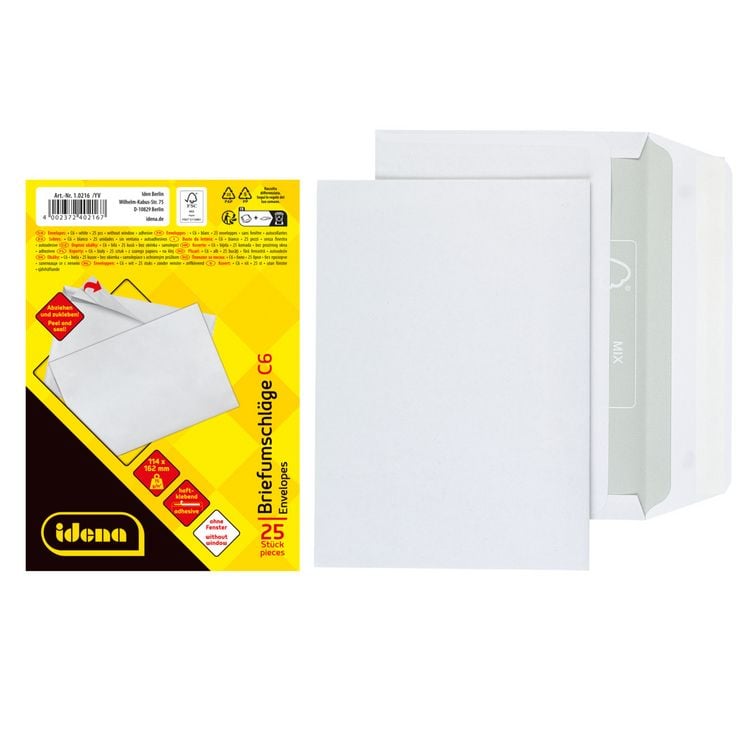 Produktbild: Idena Briefumschl&auml;ge 75g/m&sup2; haftklebend ohne Fenster wei&szlig; DIN C6 25 St&uuml;ck