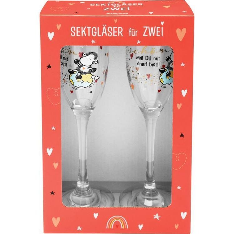 Produktbild: Secco-Glas-Set "Die Welt ist sch&ouml;n, weil Du mit drauf bist"