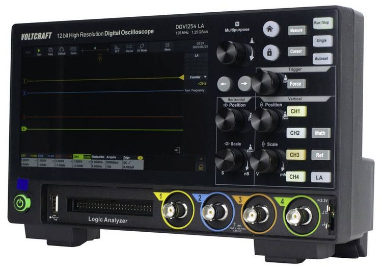 Produktbild: VOLTCRAFT DOV1254 LA Digital-Oszilloskop 125 MHz 4-Kanal 1.25 GSa/s 100 Mpts 12 Bit Digital-Speicher (DSO), Logic-Analyser 1 St.