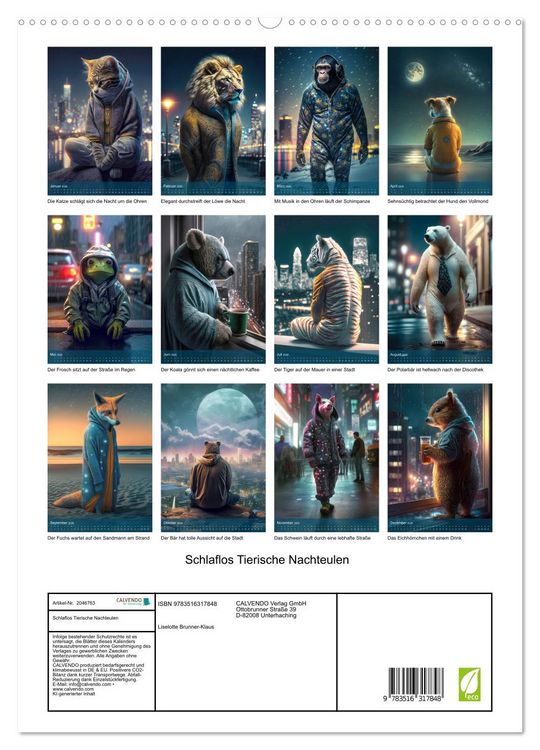 Produktbild: Schlaflos Tierische Nachteulen (hochwertiger Premium Wandkalender 2026 DIN A2 hoch), Kunstdruck in Hochglanz