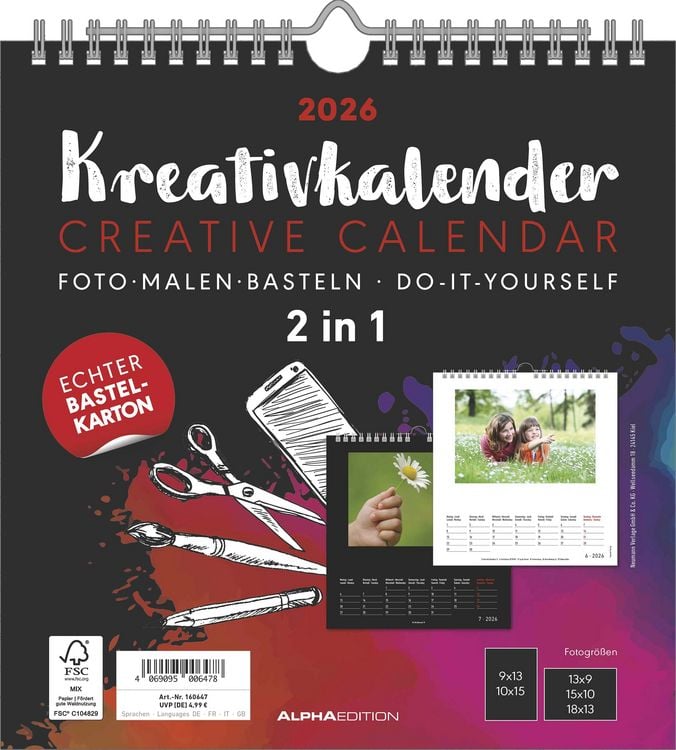 Bild vom Artikel Kreativ-Kalender M - 2 in 1: schwarz und weiss 2026 - 21x22 cm - Foto, Malen, Basteln - datiert - Kreativkalender - Foto-Kalender - Alpha Edition vom Autor Alpha Edition