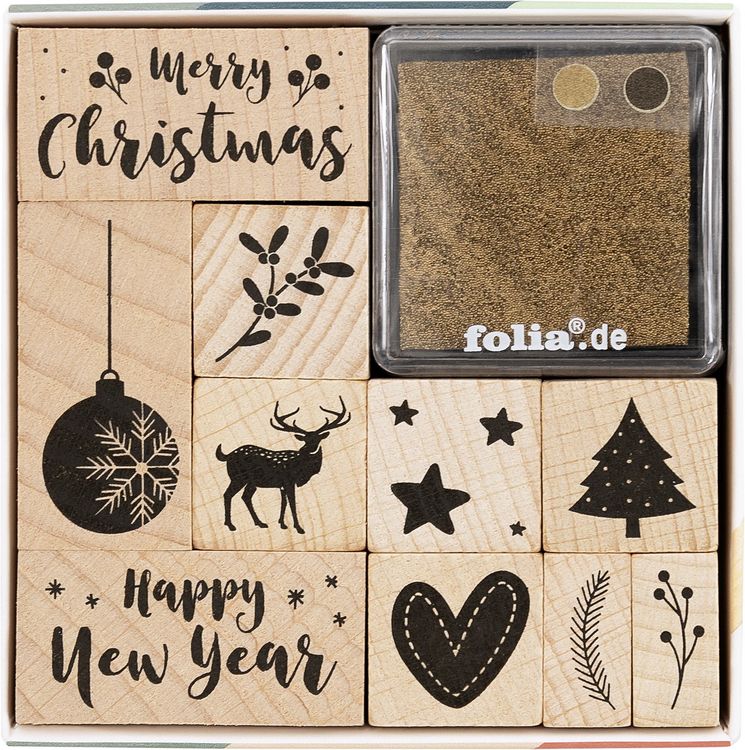Produktbild: Folia Holzstempel-Set CHRISTMAS, inkl. 10 Holzstempel und 2 Stempelkissen
